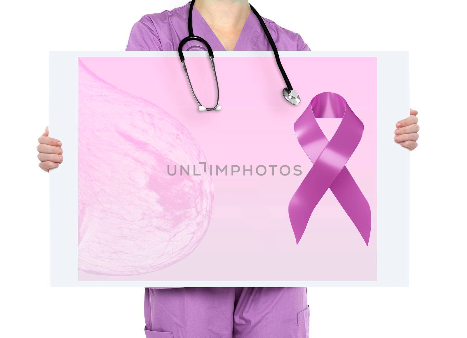 Doctor Hands Holding Pink Cancer Awareness Ribbon with mammography for breast cancer awareness against woman Poster for fight against breast cancer Clipping path.