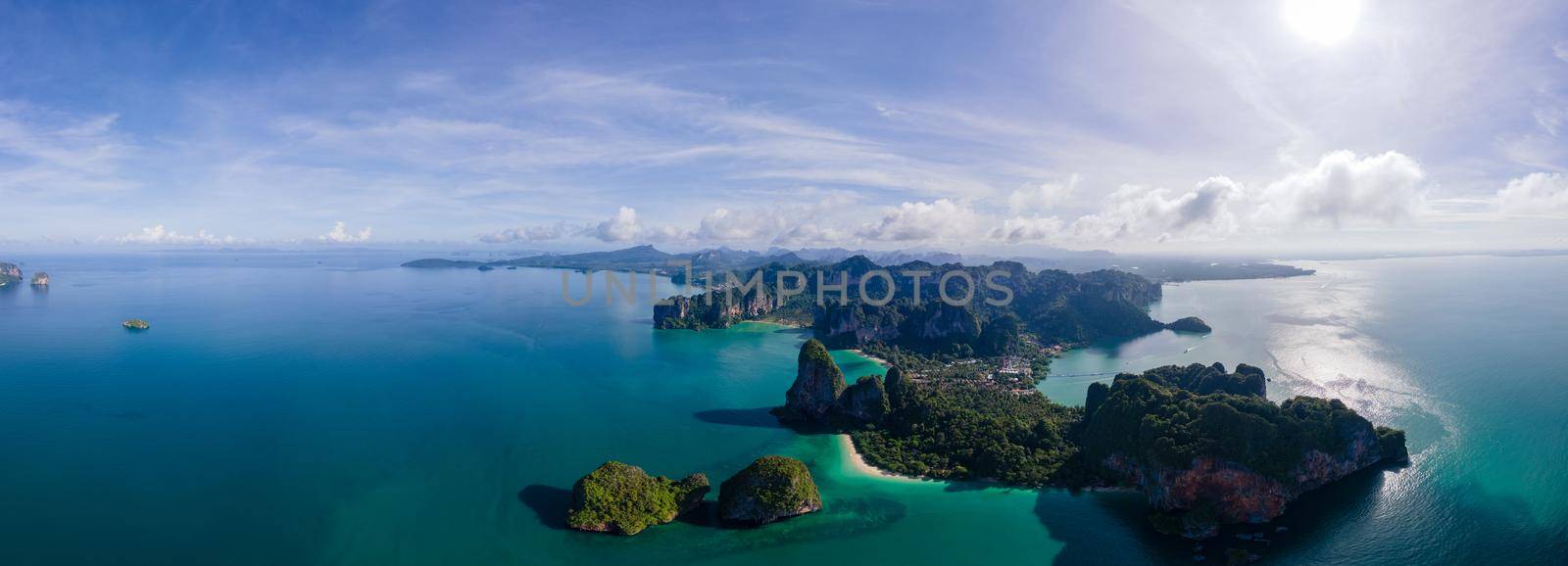 Railay Beach Krabi Thailand, the tropical beach of Railay Krabi, panoramic view of idyllic Railay Beach in Thailand with a huge limestone rocks