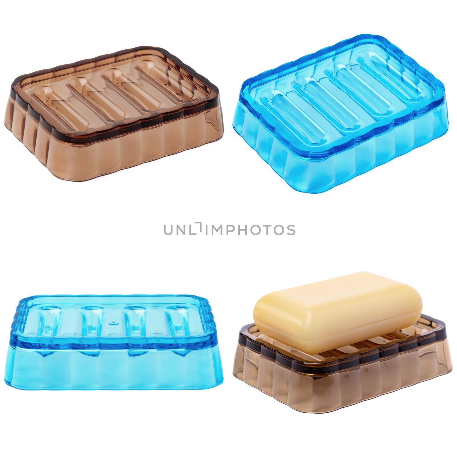 Plastic soap boxes on a white background, close up