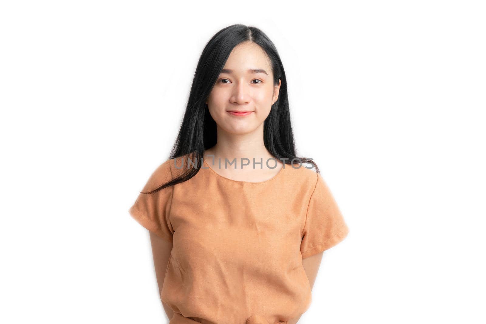 Asian woman portrait and smile with copy space on white background by Buttus_casso
