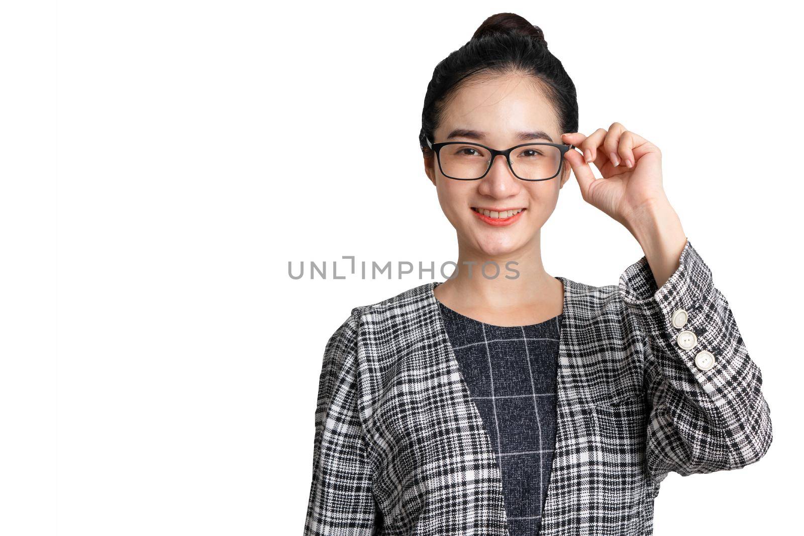 Businesswoman wearing glasses with copy space on white background