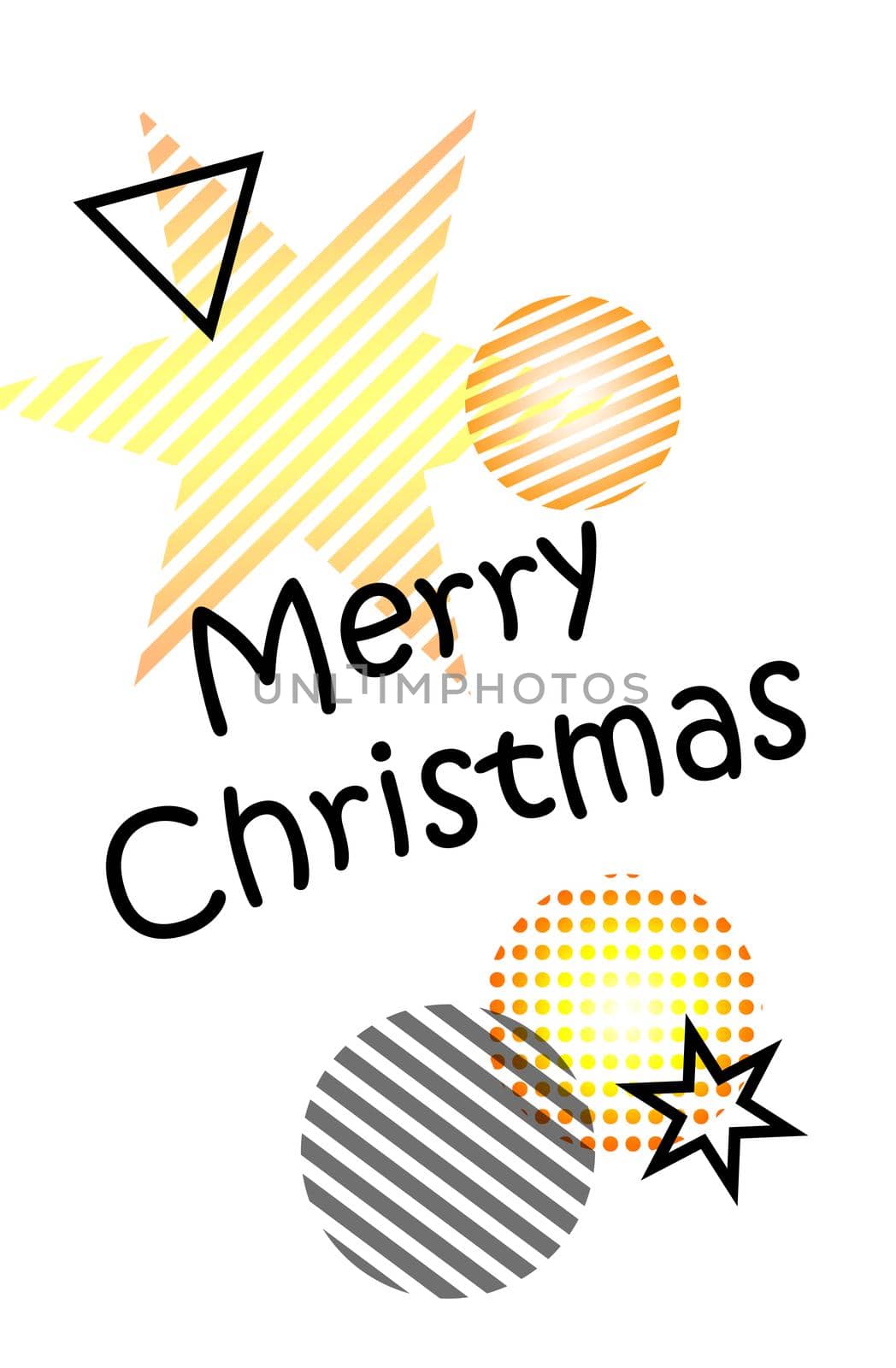 Happy New Year. Merry Christmas. Illustration festive with Christmas balls, stars. On a white background, gray and yellow Christmas decorations. Grey and yellow balls in stripes