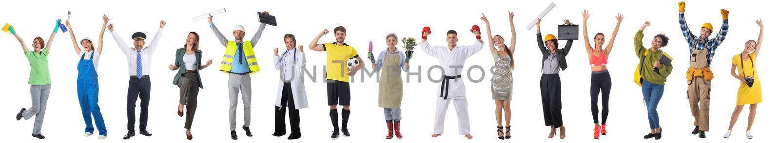 Set collage image of profession different workers with raised arms isolated over white background, full length portrait