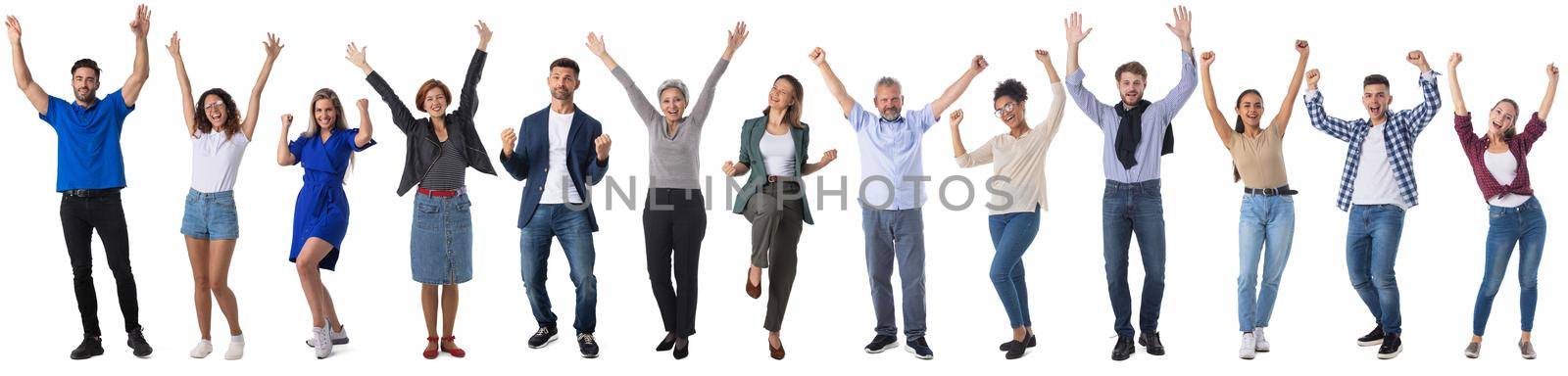 Collage of full length portriats of people in casual clothes isolated on white background, happy people with raised arms