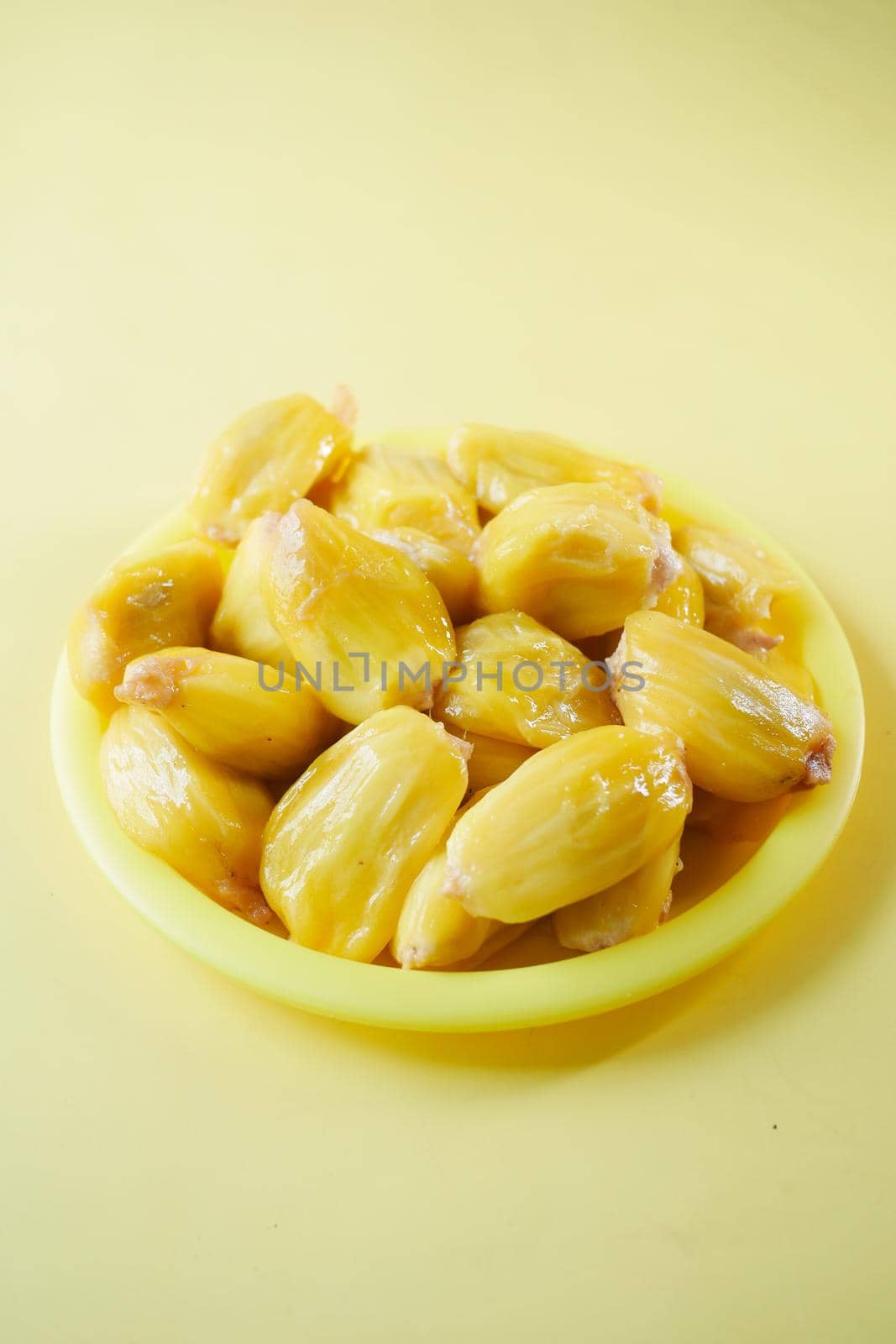 top view of slice of jackfruits in a bowl on table