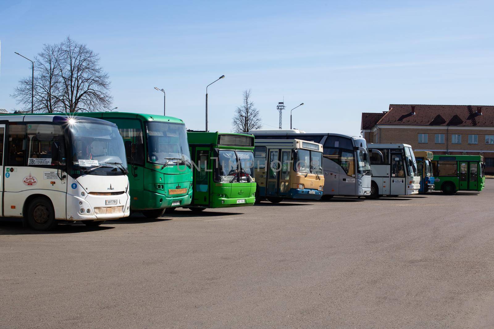 Belarus, Polotsk - 10 april, 2022: Lots of buses at the station close up