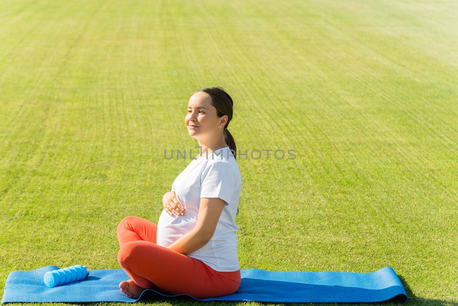 pregnant woman performs yoga asanas. High quality photo