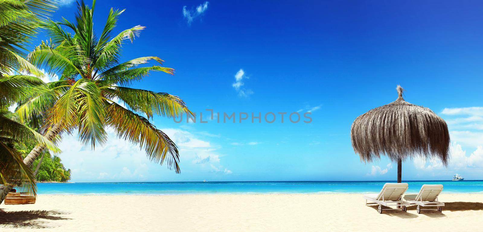 Wooden deck chairs on sandy beach near sea. Holiday background.