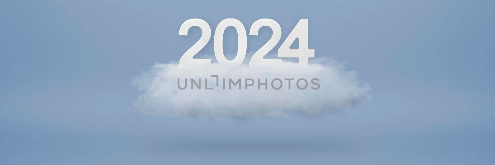 Happy New Year 2024 greeting template. Festive 3d banner with white numbers 2024 on white cloud and blue background. Festive poster,calendar or banner design