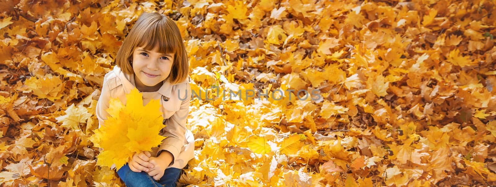 Children in the park with autumn leaves. Selective focus. by yanadjana
