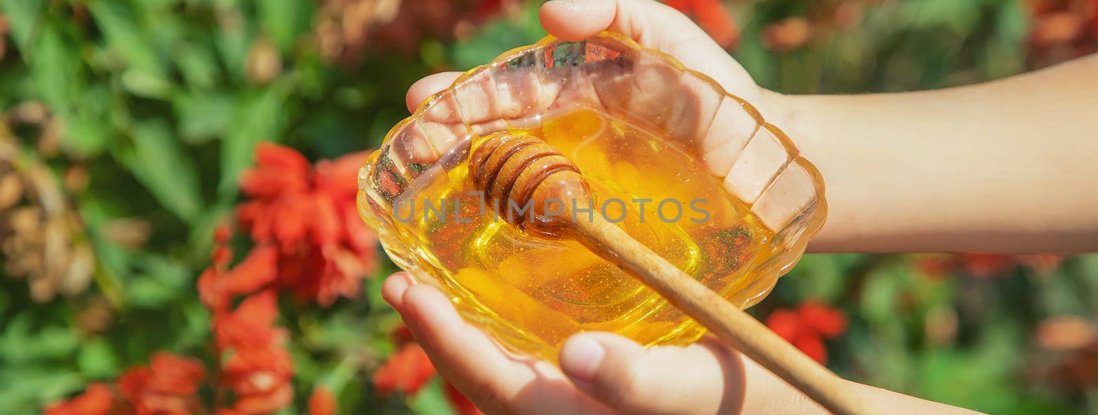 Child a plate of honey in the hands. Selective focus. by yanadjana