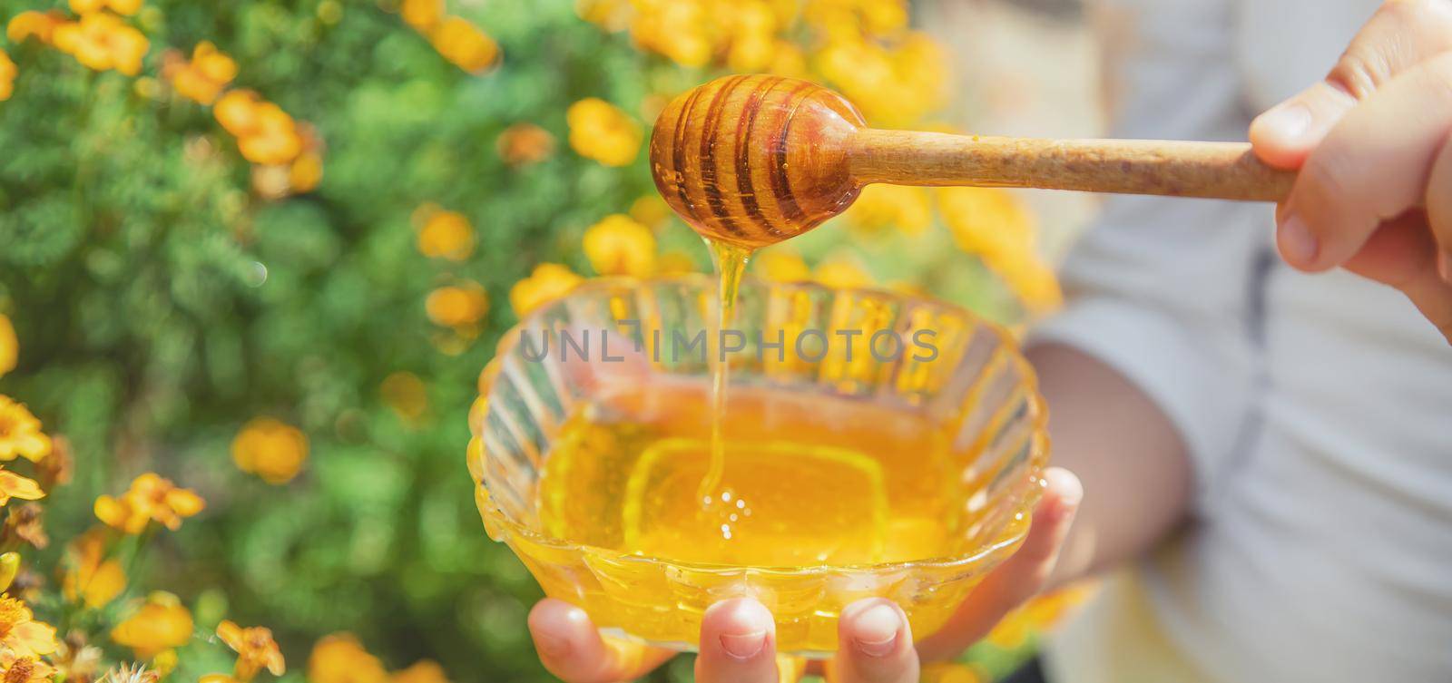 Child a plate of honey in the hands. Selective focus. nature.