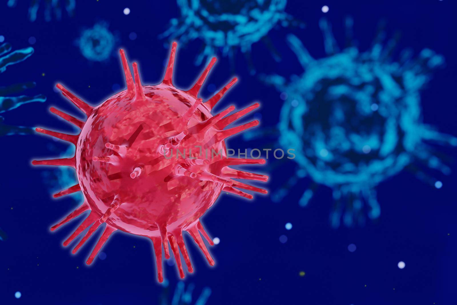 RED coronavirus COVID-19 under the microscope isolated on blue virus background , 3d illustration .clipping path.