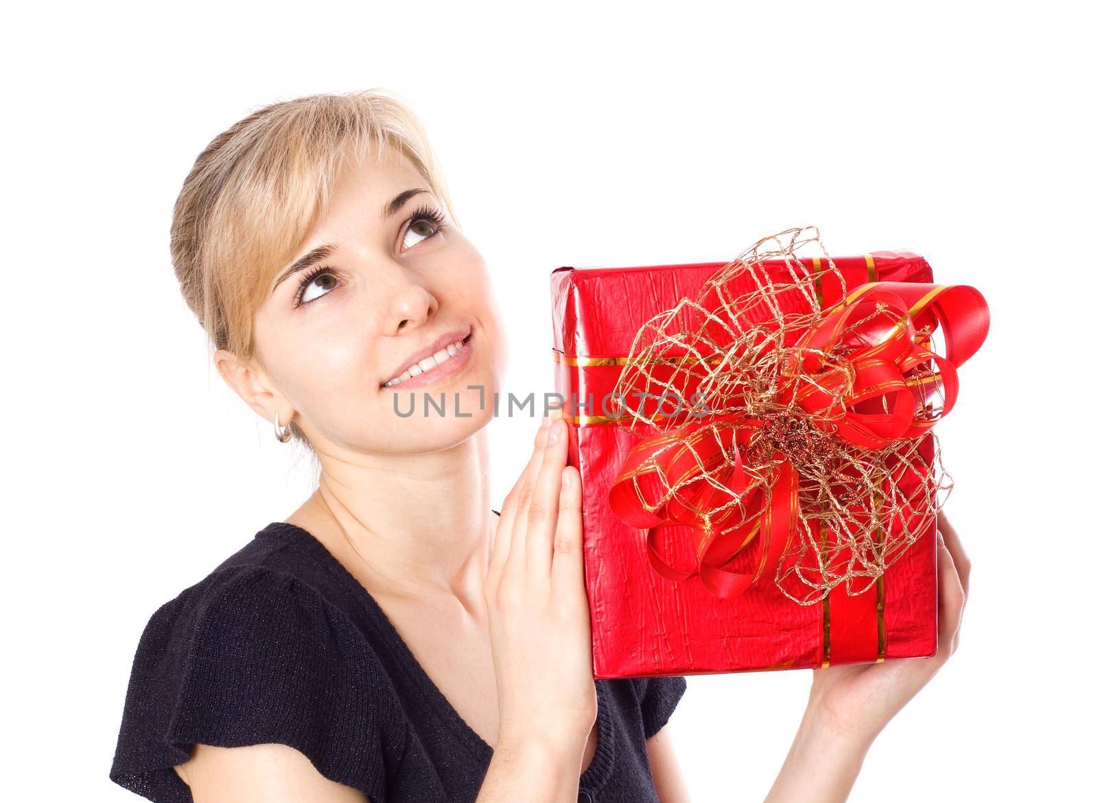 Attractive young woman with red gift box, isolated on white