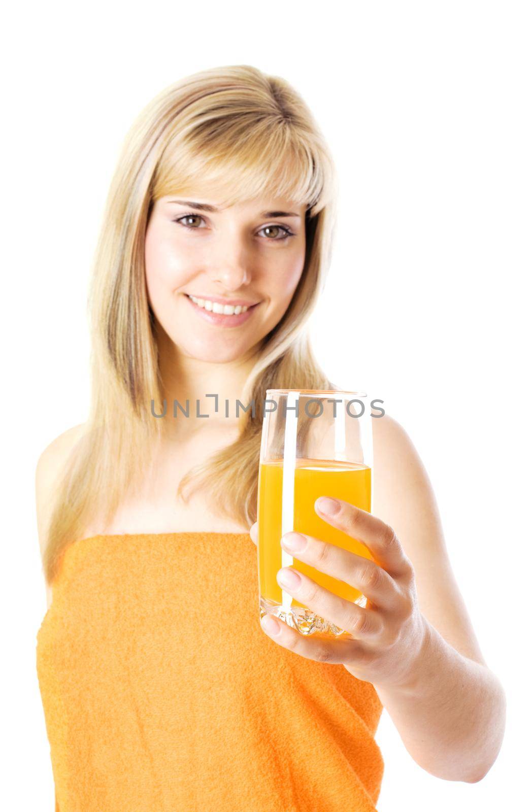 Beautiful woman after bath with orange juice isolated on white