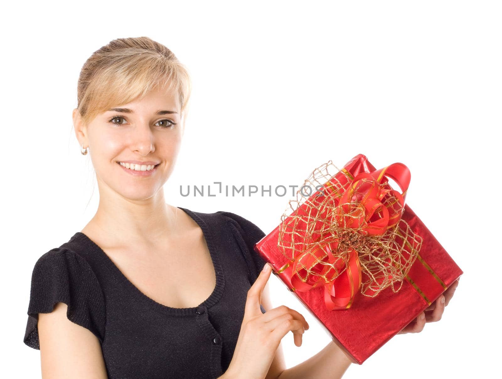 Attractive young woman with red gift box, isolated on white