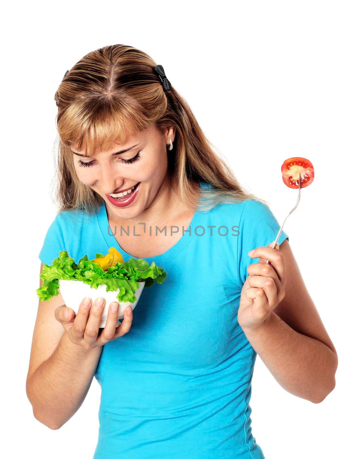 Woman with boul of salad and tomato, isolated on white.