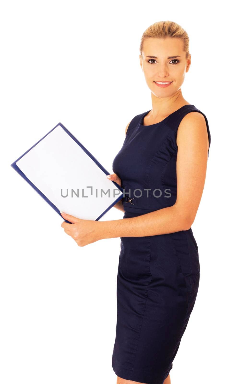 Business woman taking document, notebook for notes, isolated on white.