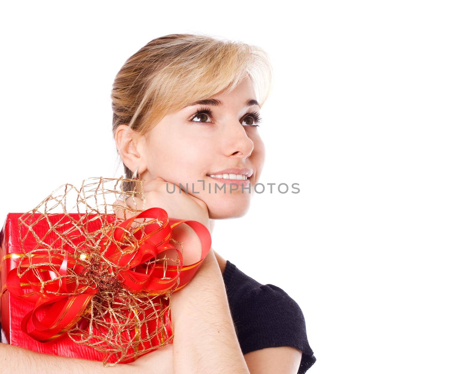 Happy woman holding a gift box by Jyliana