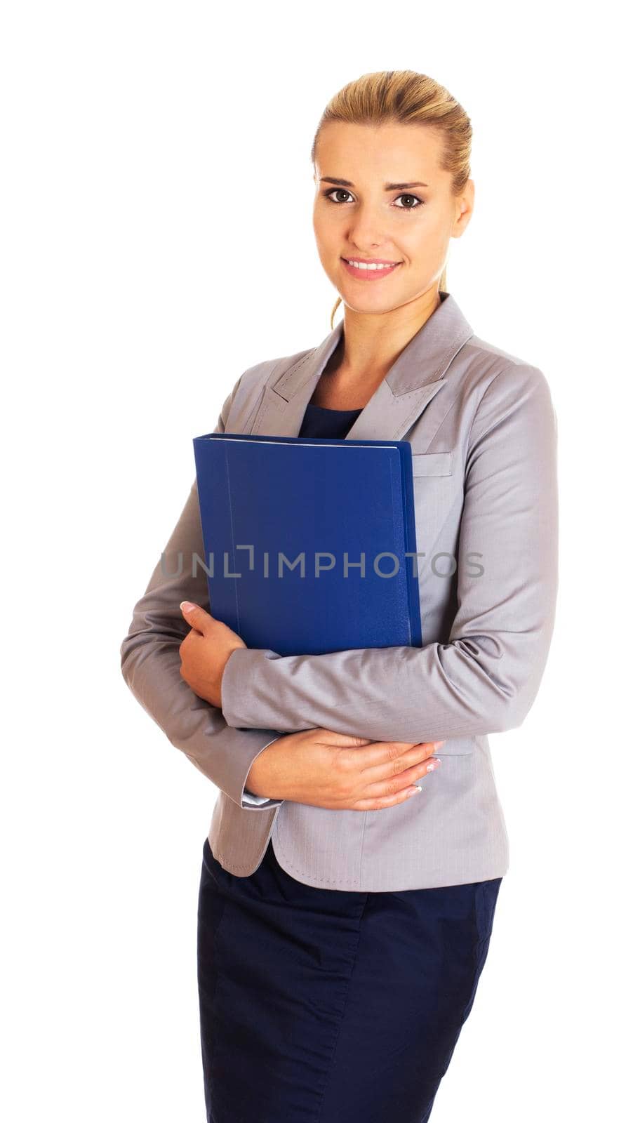 Business woman taking document, notebook for notes, isolated on white.