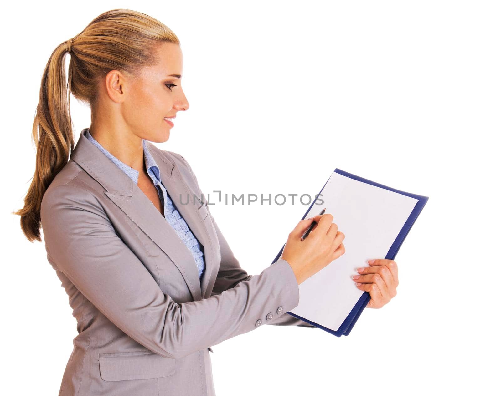 Business woman taking document, notebook for notes, and points at something with a pencil, isolated on white.