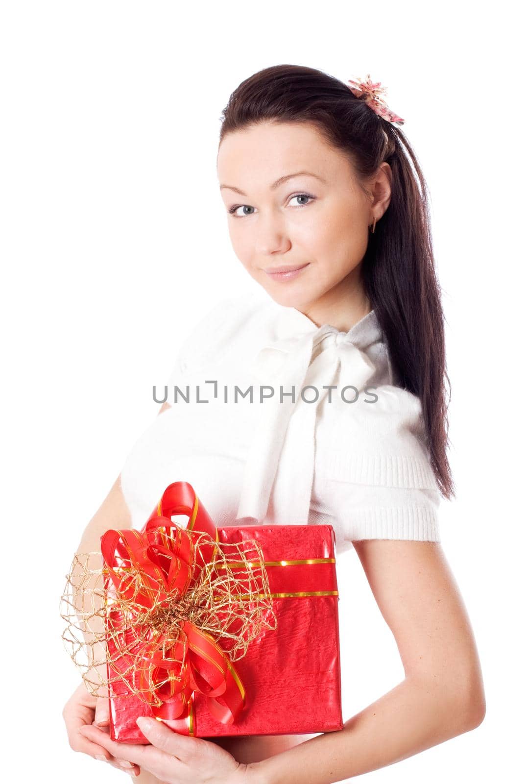 Attractive young woman with red gift box, isolated on white