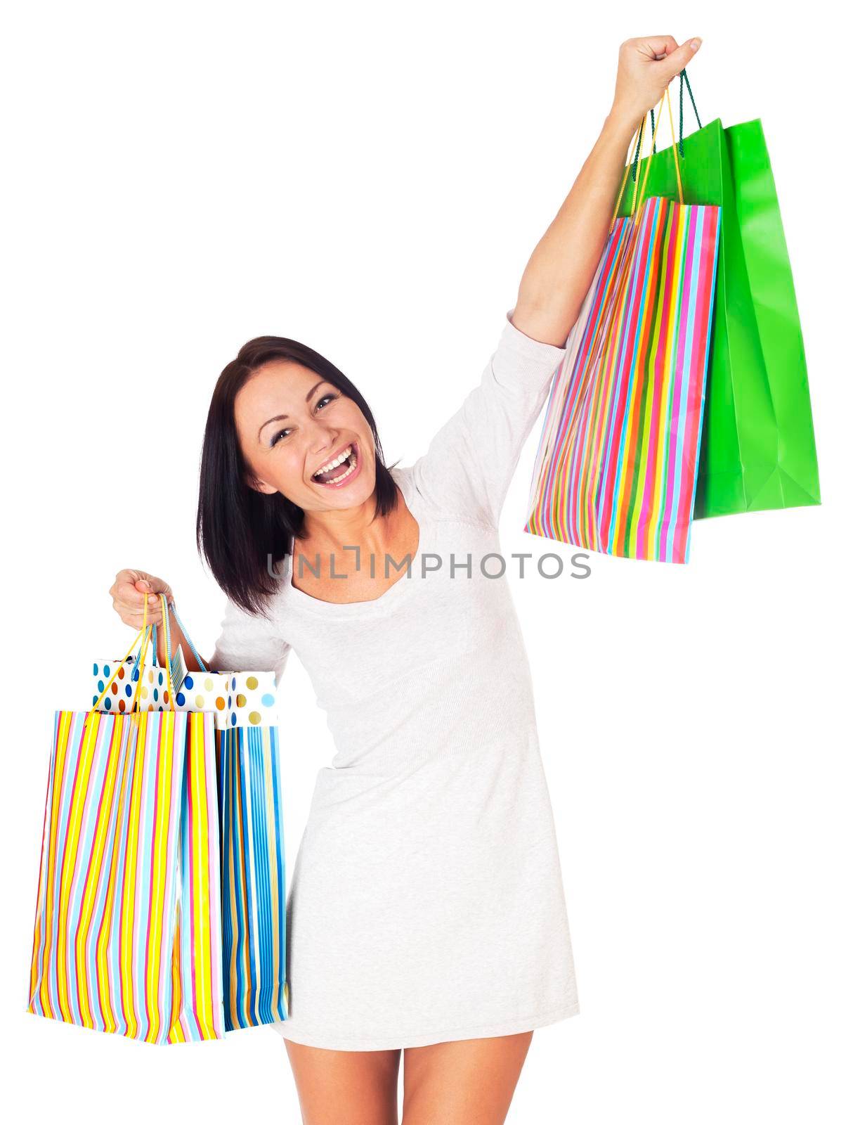 Portrait of beautiful woman going to shopping, isolated on white background.