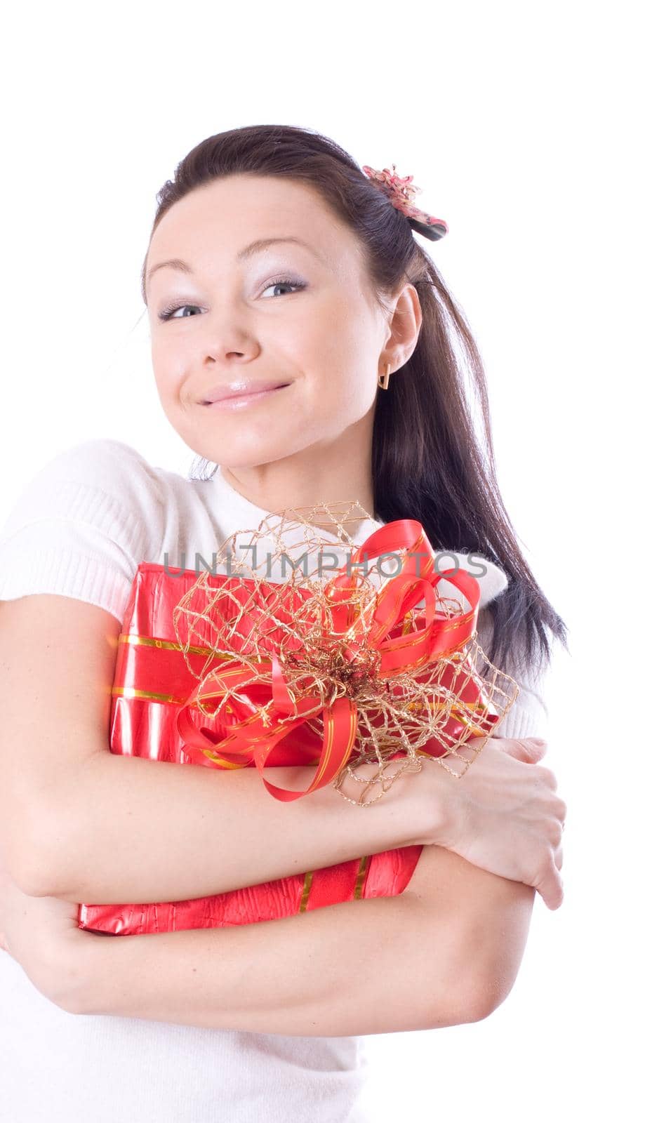 Attractive young woman with red gift box, isolated on white