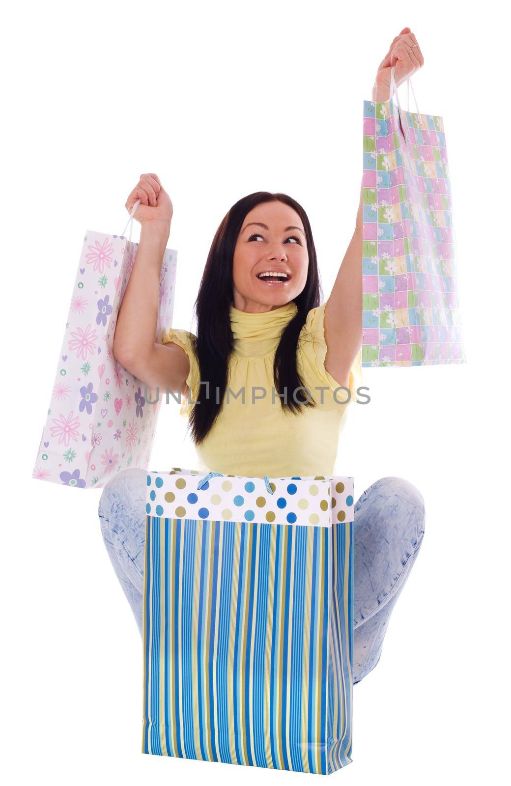 Portrait of beautiful girl going to shopping, isolated on white background.