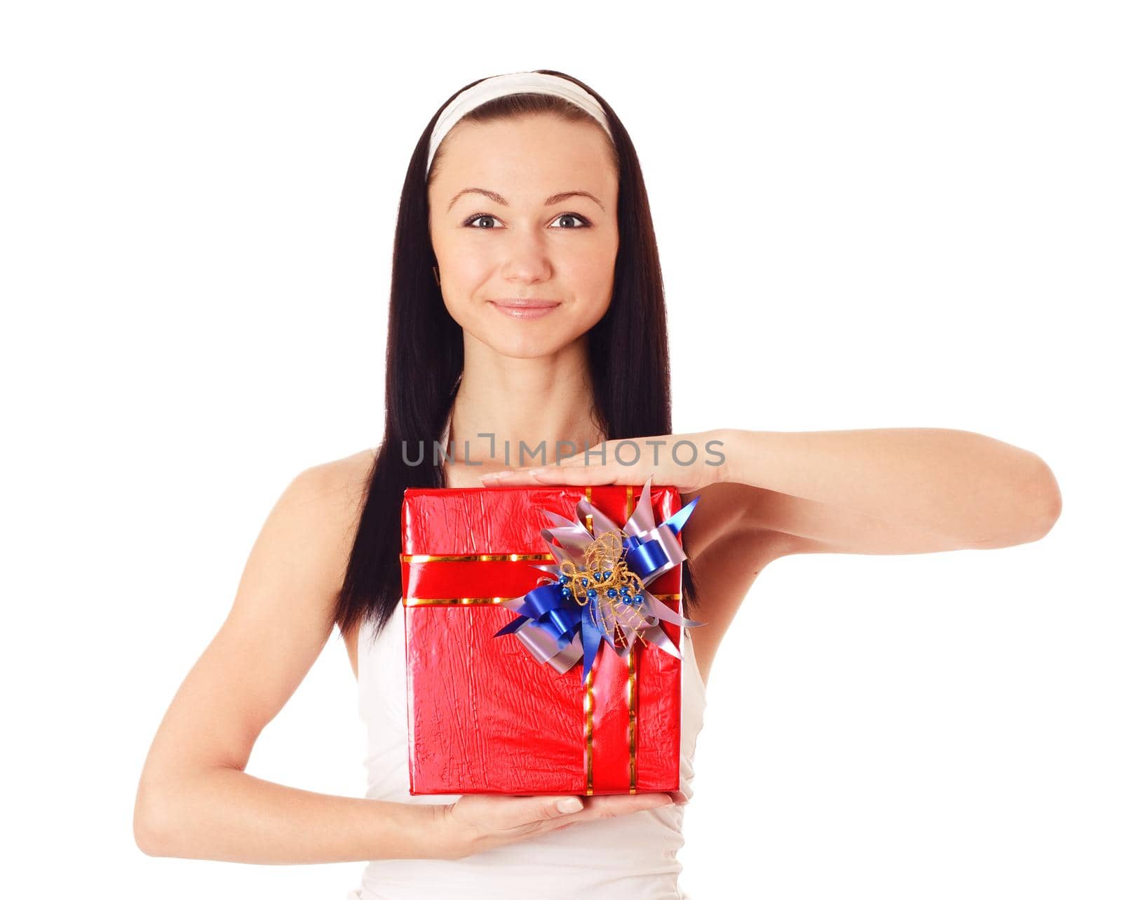 Attractive young woman with red gift box, isolated on white.