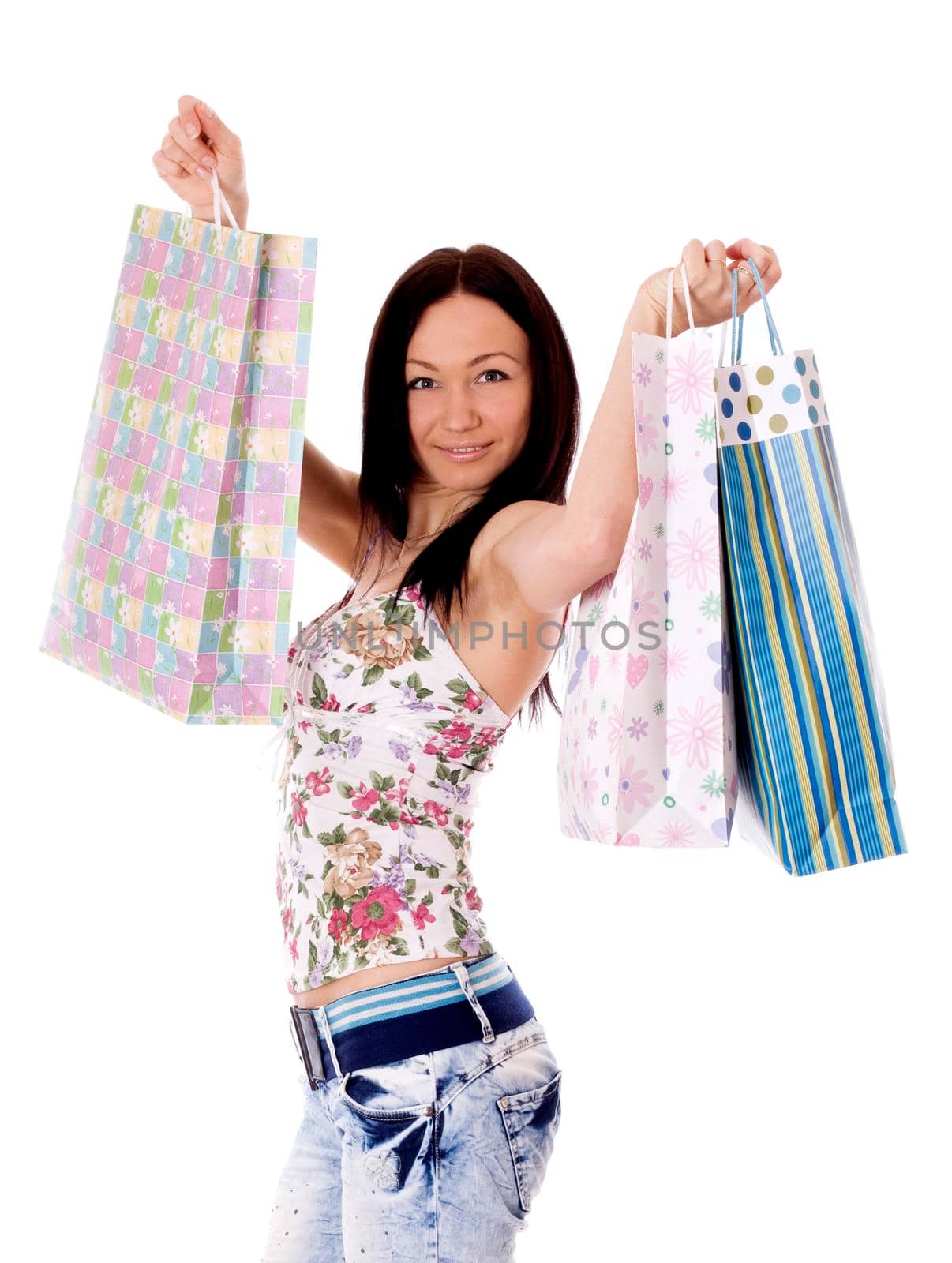 Portrait of beautiful woman going to shopping, isolated on white background.