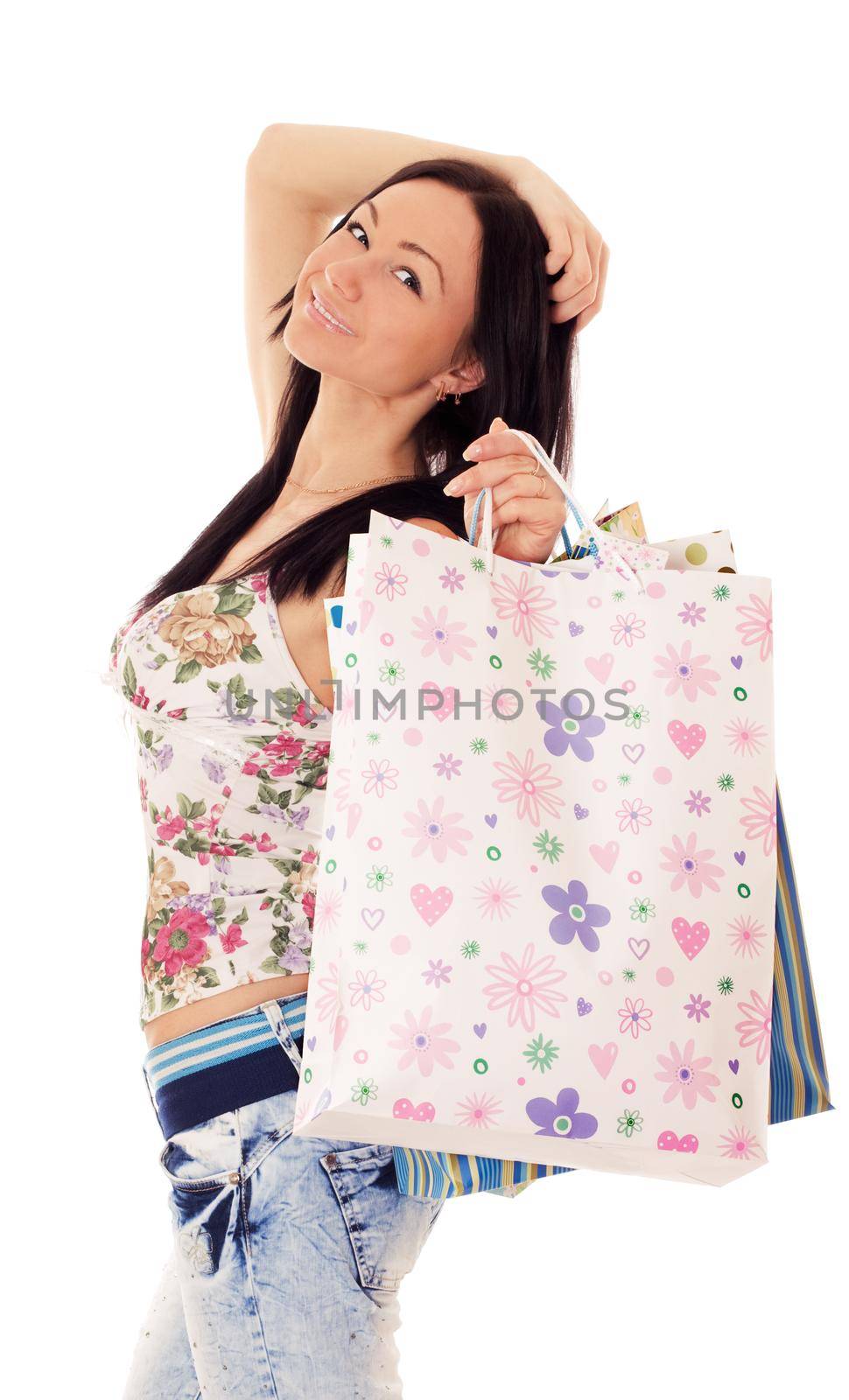 Portrait of beautiful brunette girl going to shopping, isolated on white background.