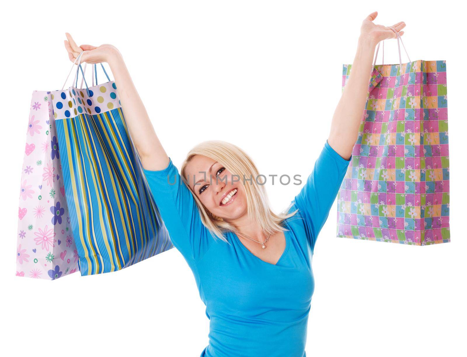 Portrait of beautiful blond girl going to shopping, isolated on white background.