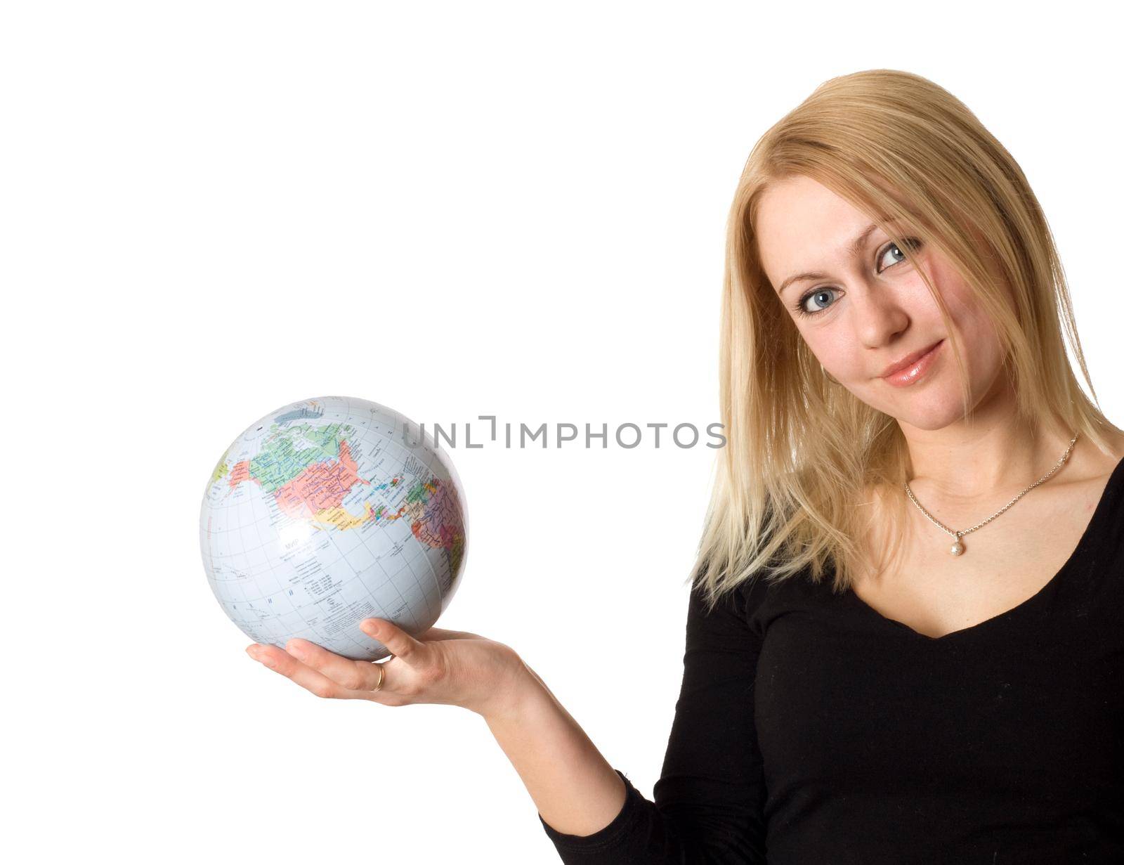 Woman with globe isolated