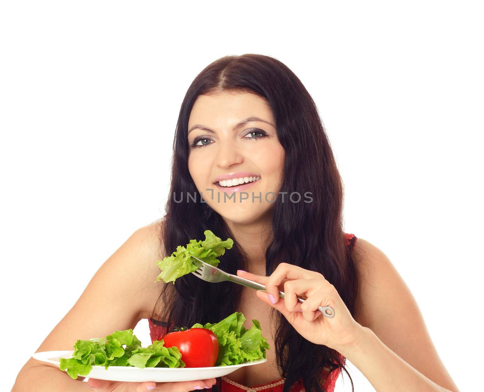 Woman with plate of salad, isolated on white.