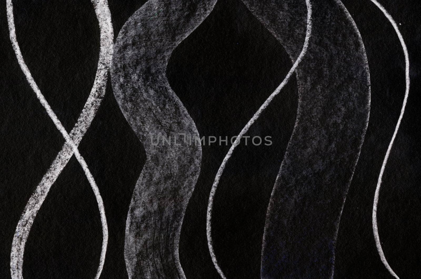 Abstract Pastel Hand Drawn Background Texture. White Waves on Black Background. by Rina_Dozornaya
