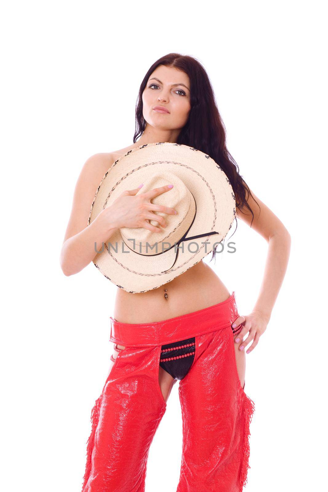 Nude beautiful sexy country cowgirl with hat, isolated on white