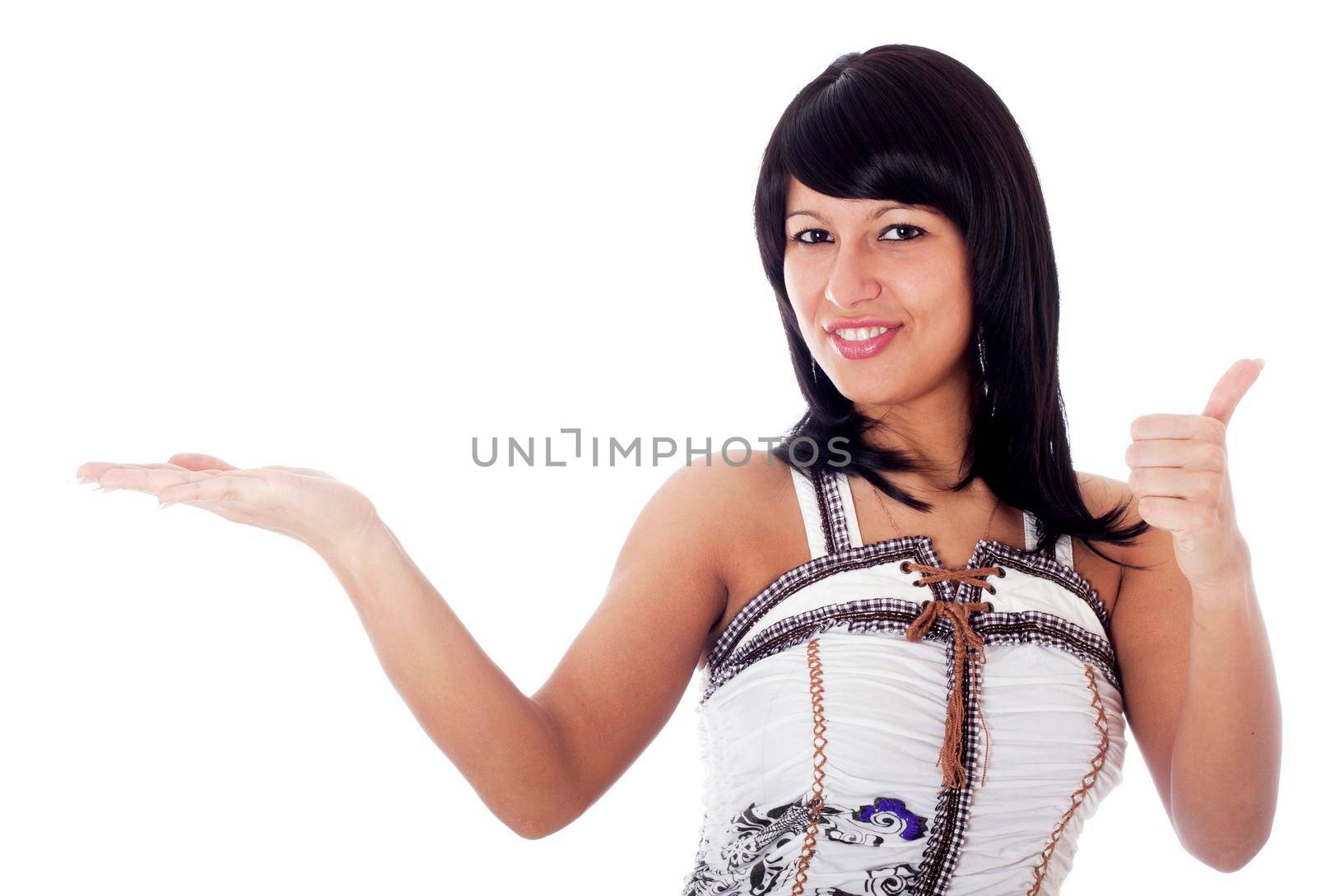 Woman with empty hand as if holding something - you can add your object there - and showing ok sign, isolated on white.