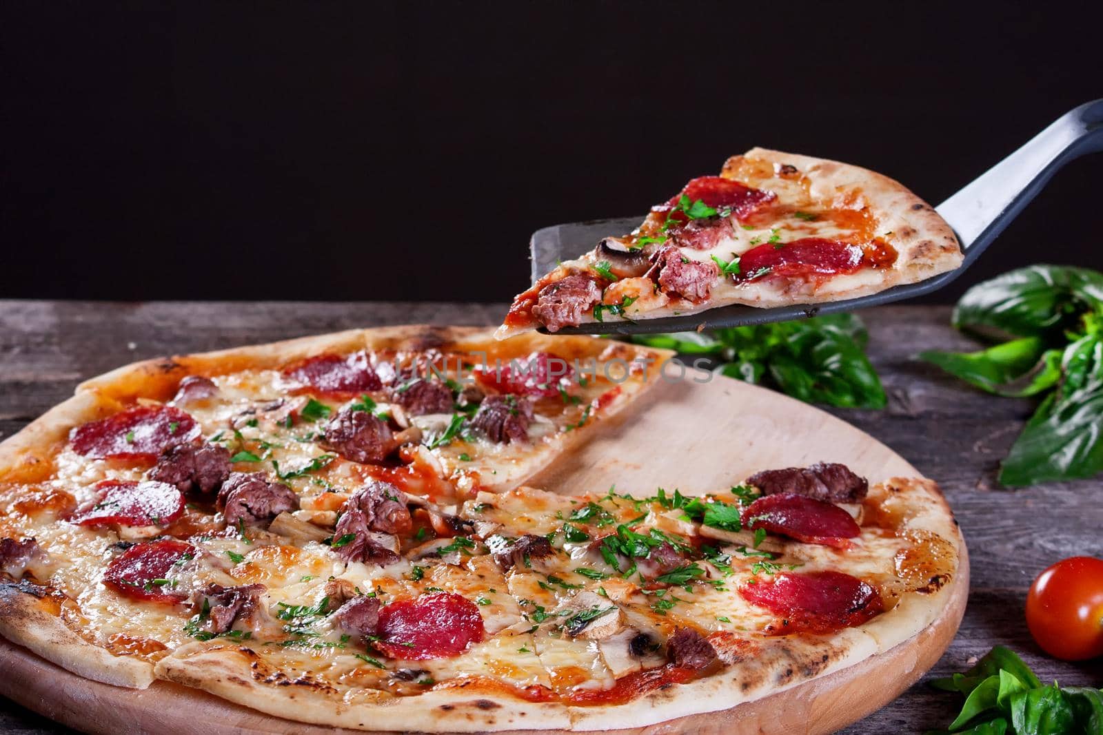 Pepperoni Pizza with salami, mushrooms , meat , beef and green o by Jyliana