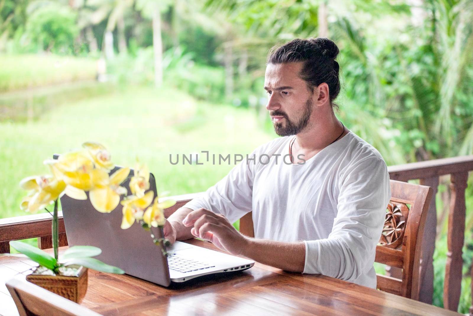 Freelance work on laptop. Casual dressed man sitting at wooden desk inside garden working on computer