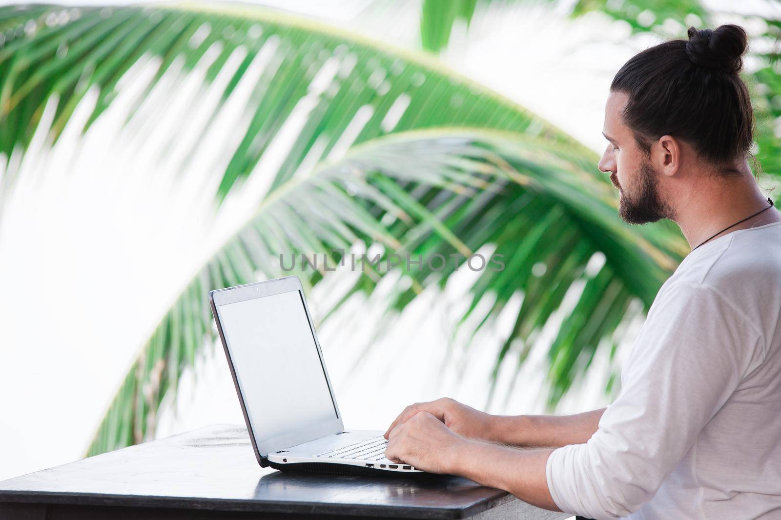 telecommuting, businessman relaxing on the beach with laptop and palm, freelancer workplace, dream job