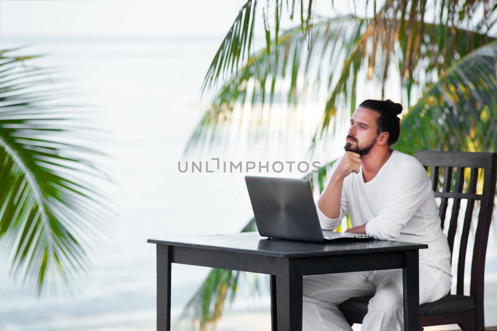 telecommuting, businessman relaxing on the beach with laptop and palm, freelancer workplace, dream job