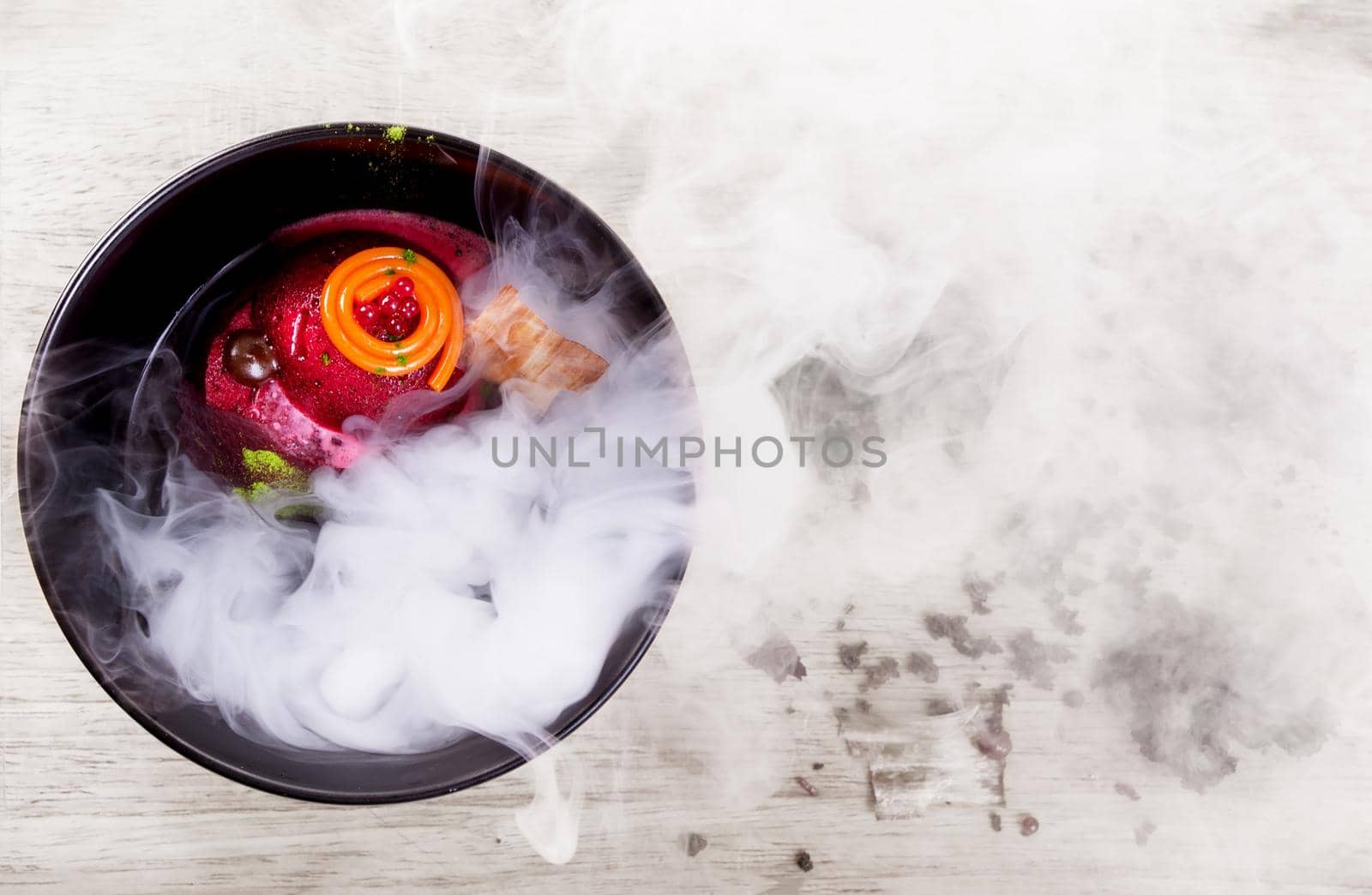 Molecular Cuisine. Delicious soup with beetroot. by Jyliana