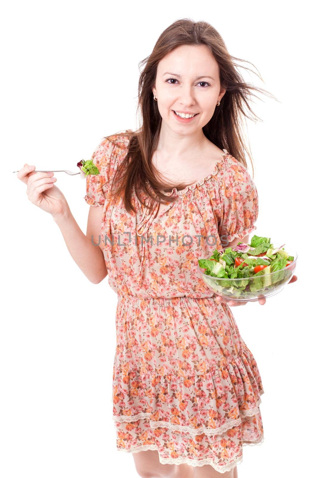 Happy Woman with bowl of salad have fan, isolated on white.