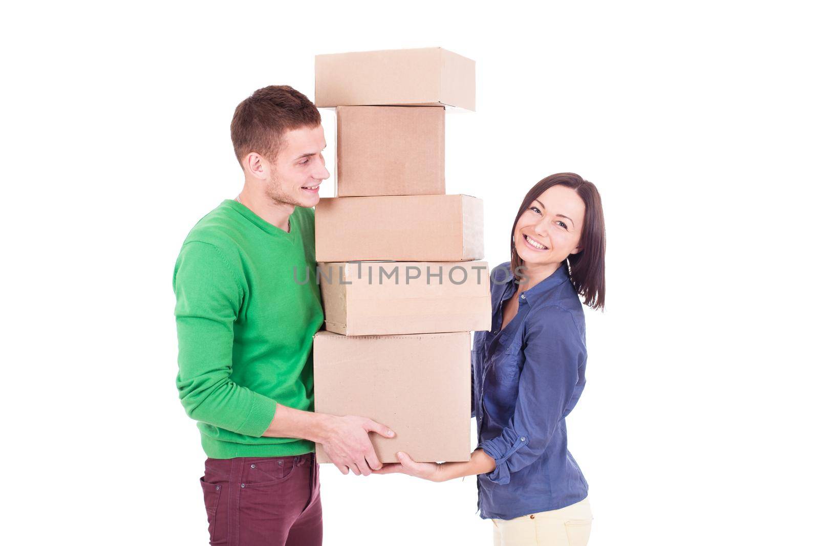 Happy smiling delivery man and woman carrying boxes isolated on white background. Couple have shopping order