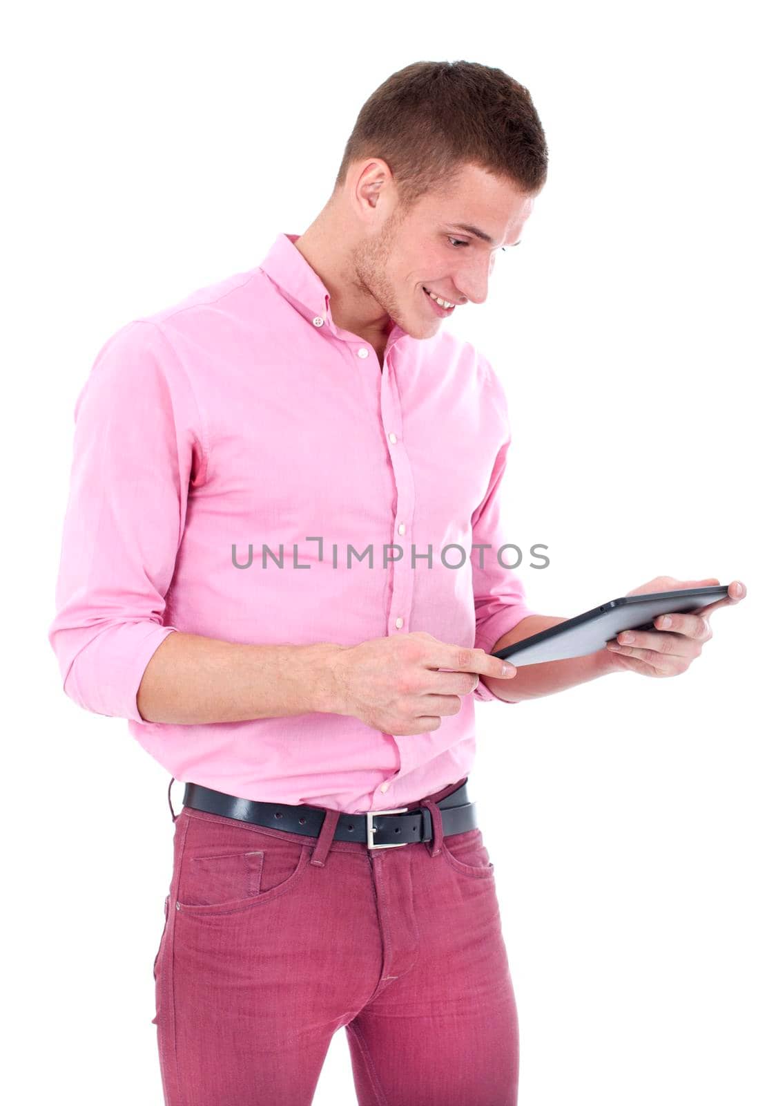 Happy Young Man Using Digital Tablet Isolated by Jyliana