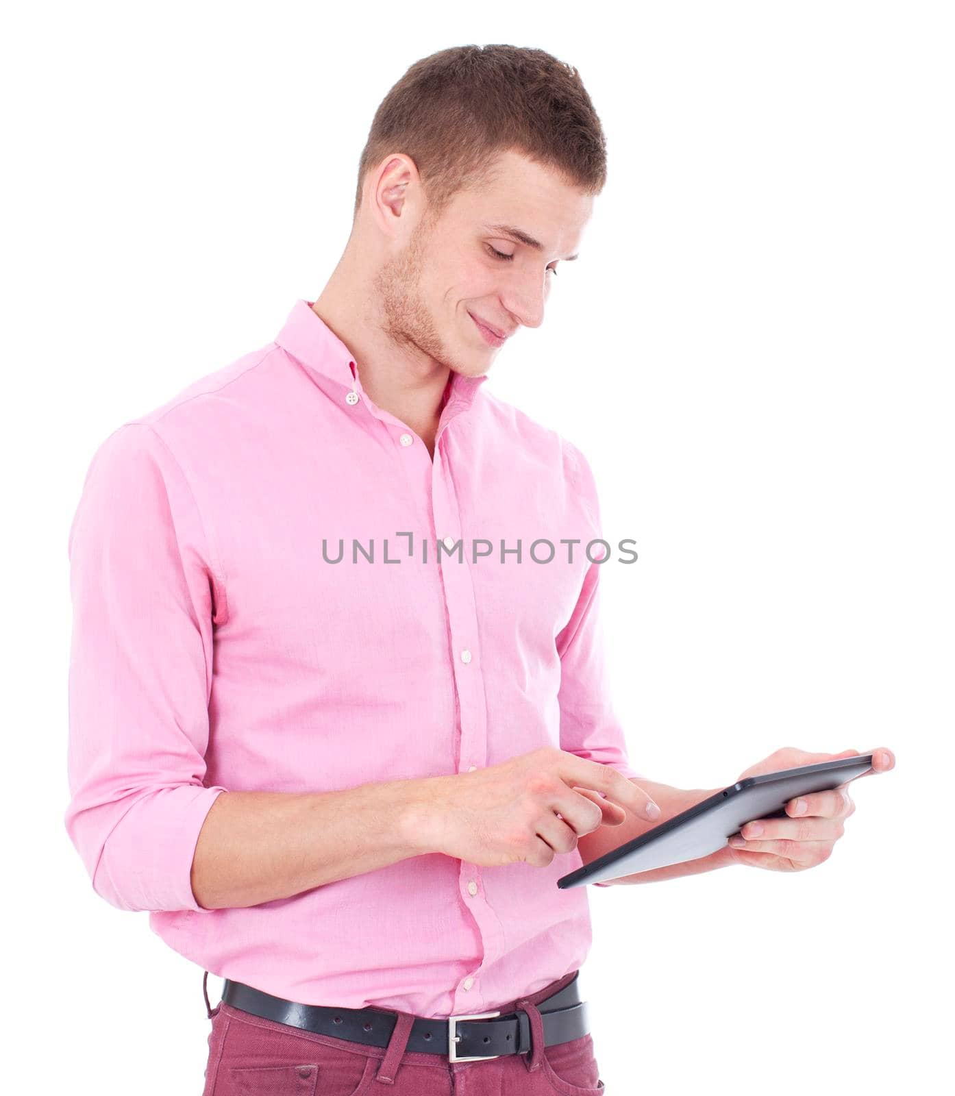 Happy Young Man Using Digital Tablet and make yes. Isolated On White Background