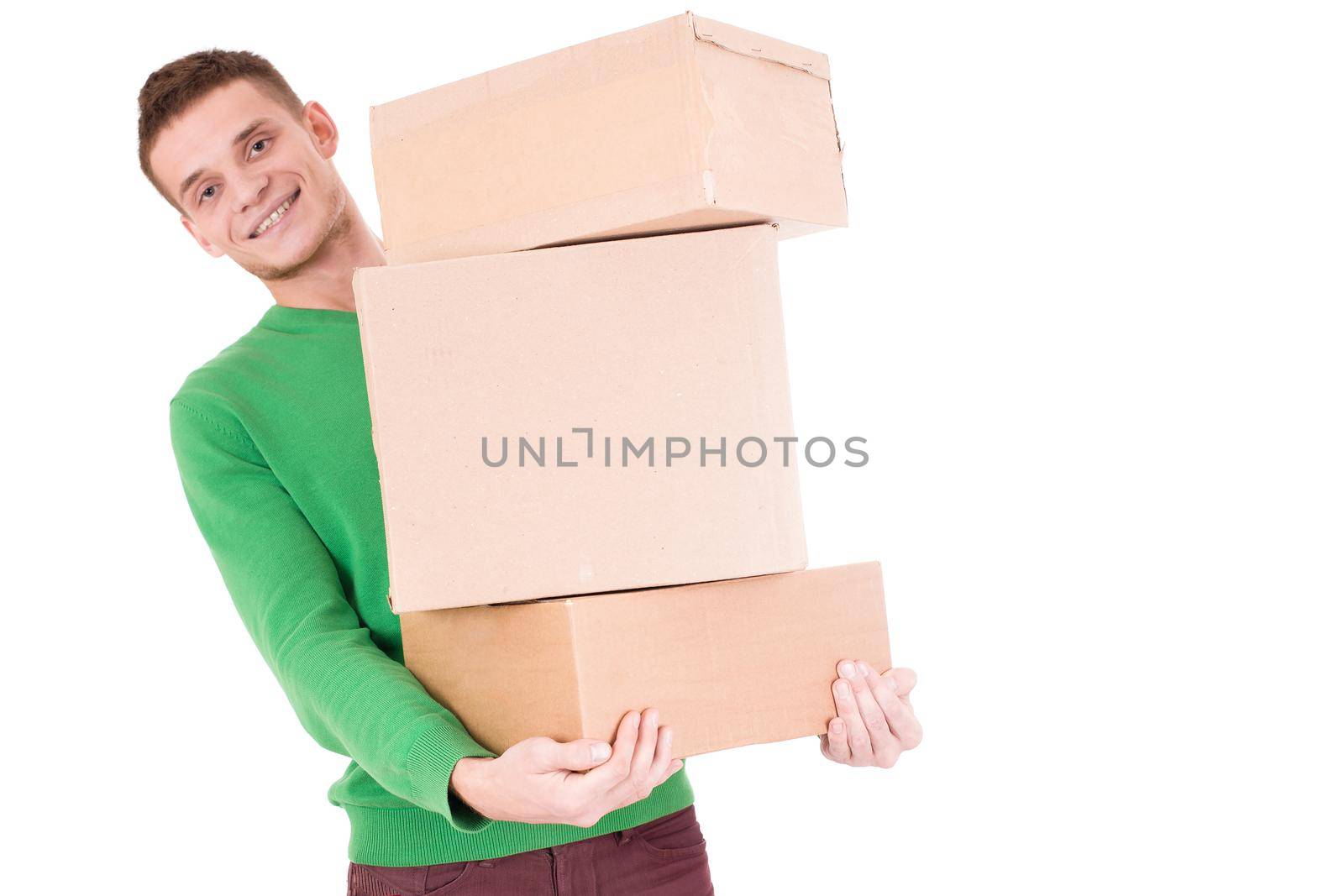 Young delivery man hold boxes. so funny. isolated white background. by Jyliana