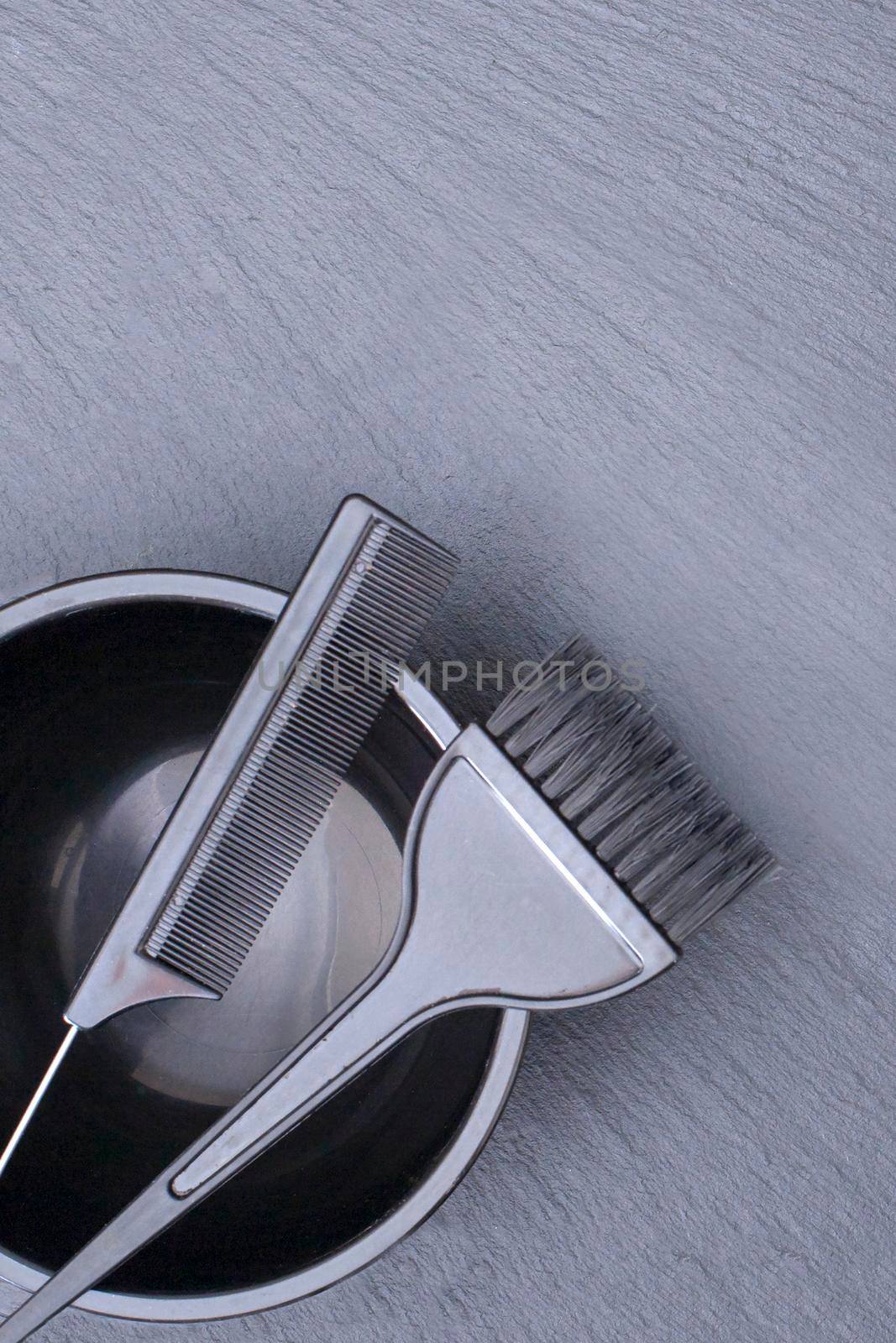 Hairdresser Accessories for coloring hair on gray background