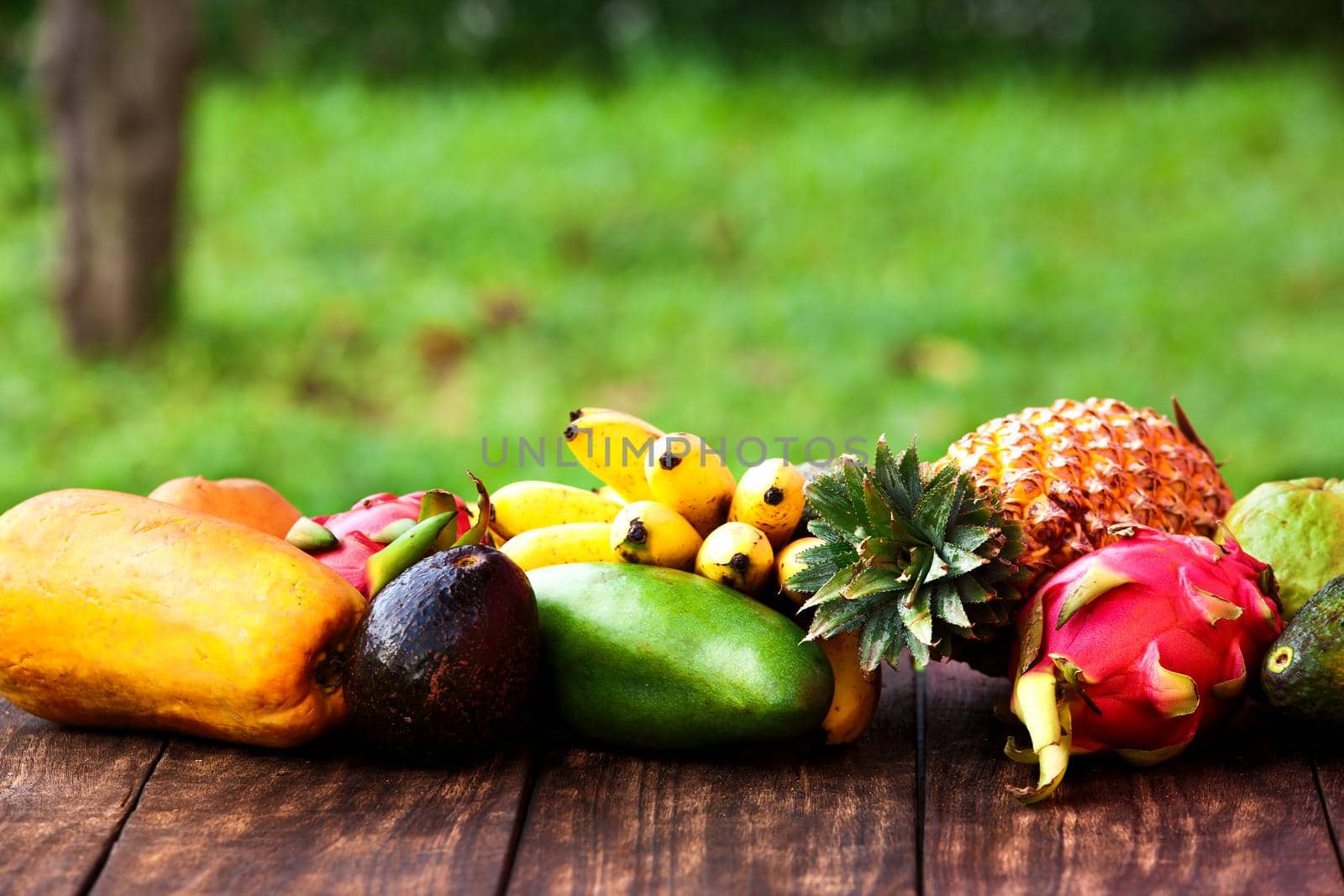 Tropical fruit on dark wooden background, top view by Jyliana